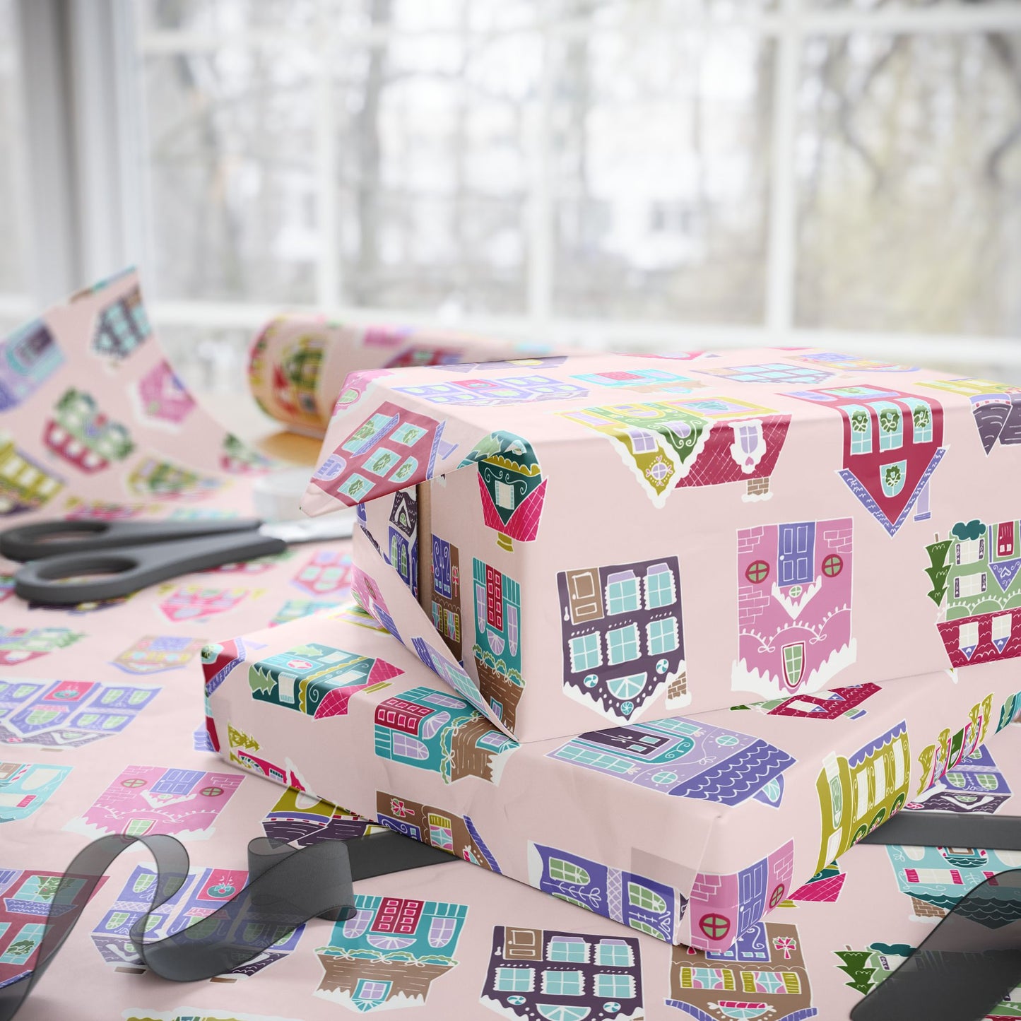 Holiday Houses Wrapping Paper – Pink