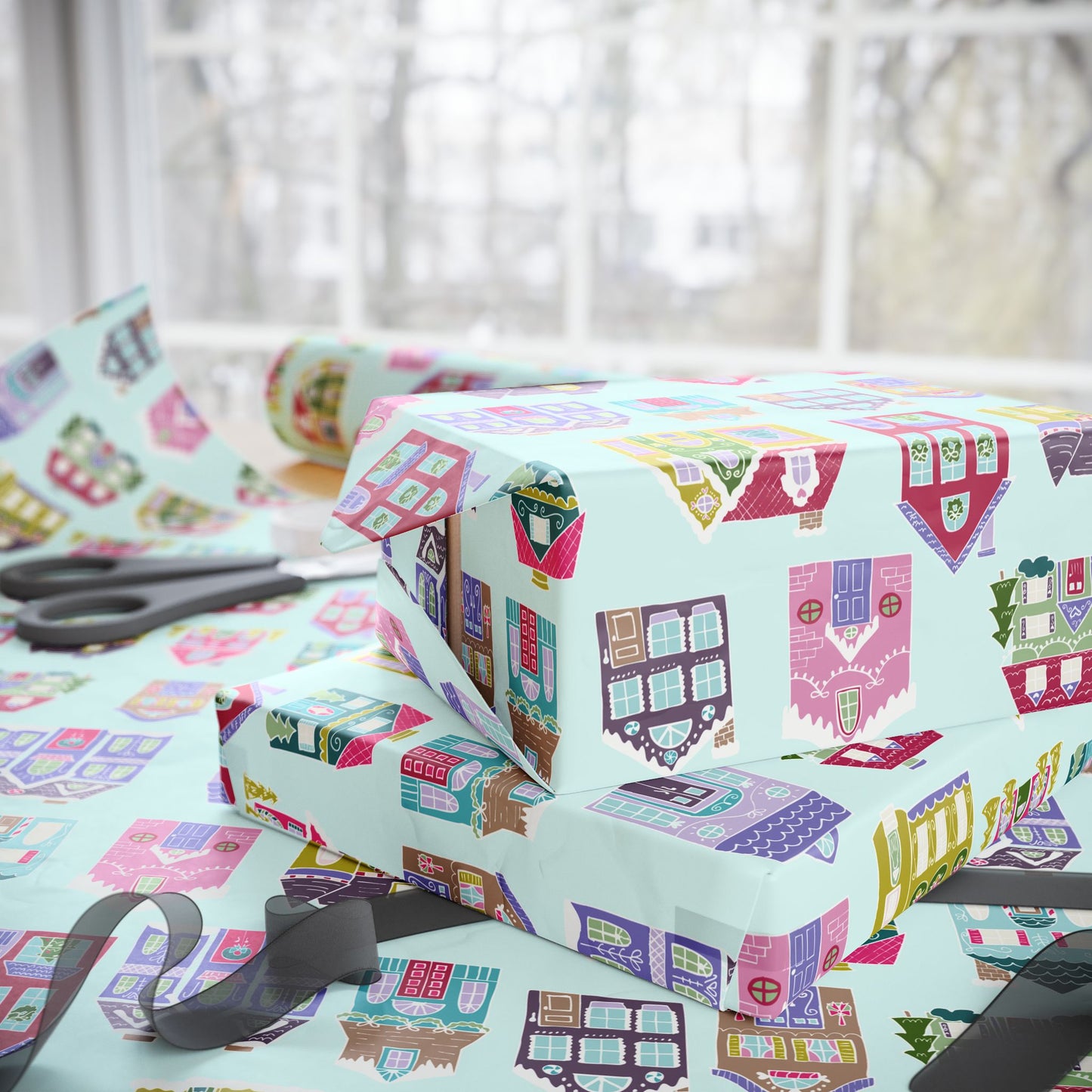 Holiday Houses Wrapping Paper – Aqua