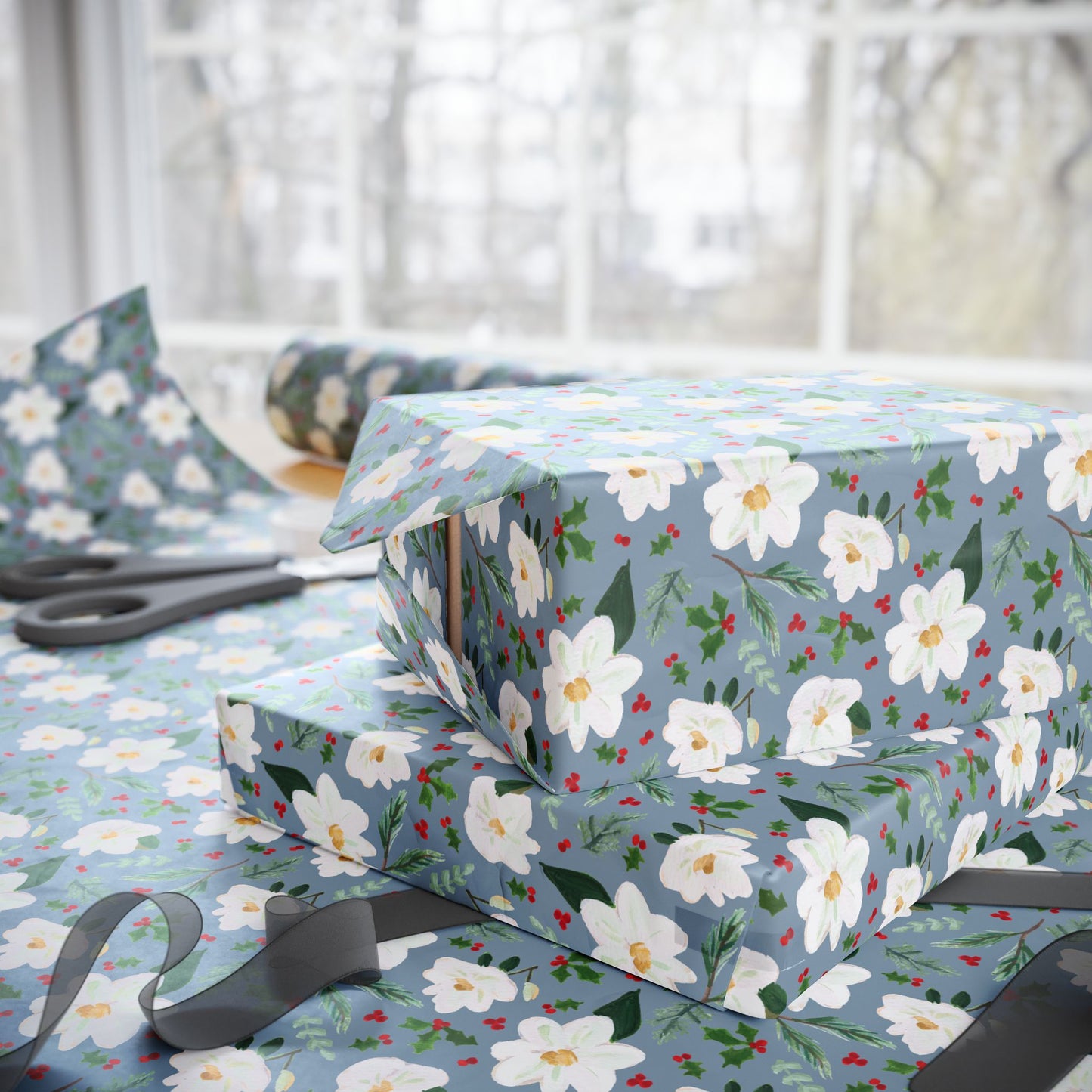 Magnolia & Holly Wrapping Paper – Dusty Blue