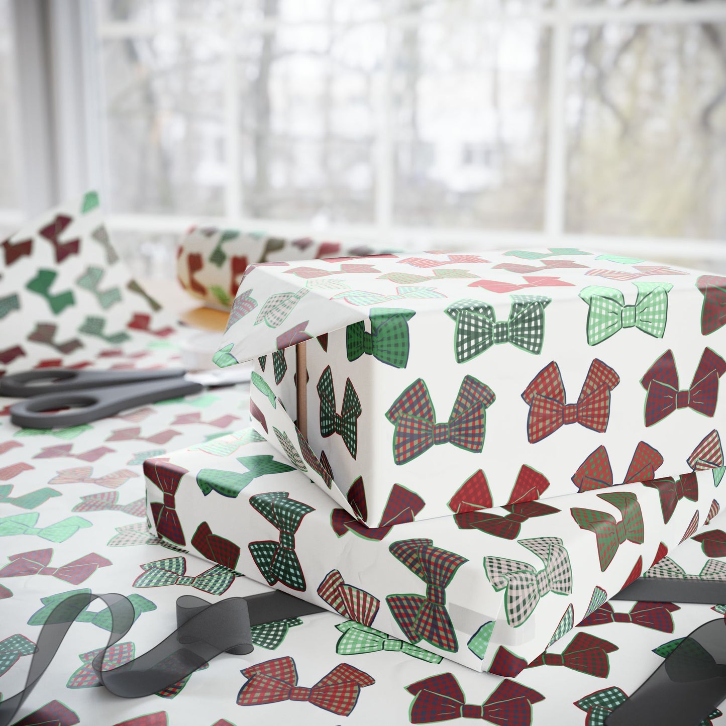 Preppy Plaid Bows – White Wrapping Paper
