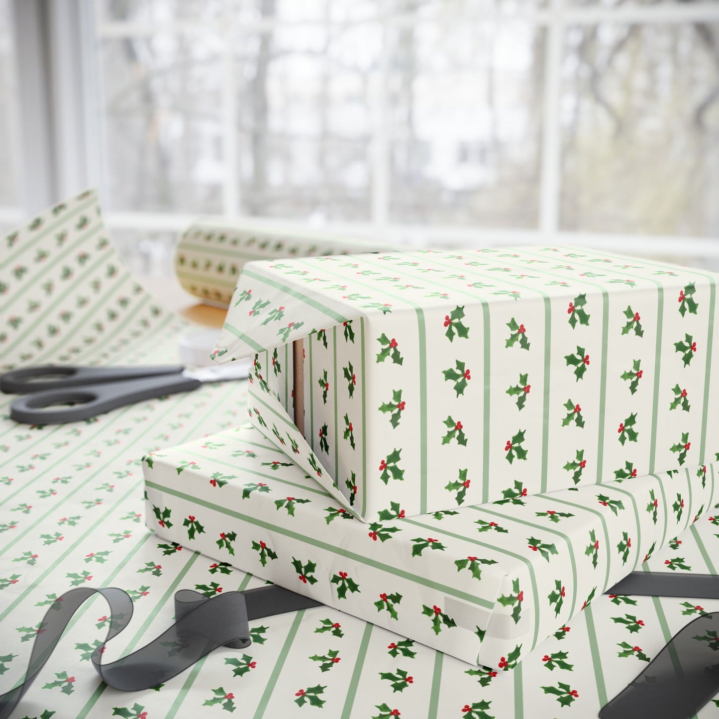 Holly Stripe Wrapping Paper - Sage Green