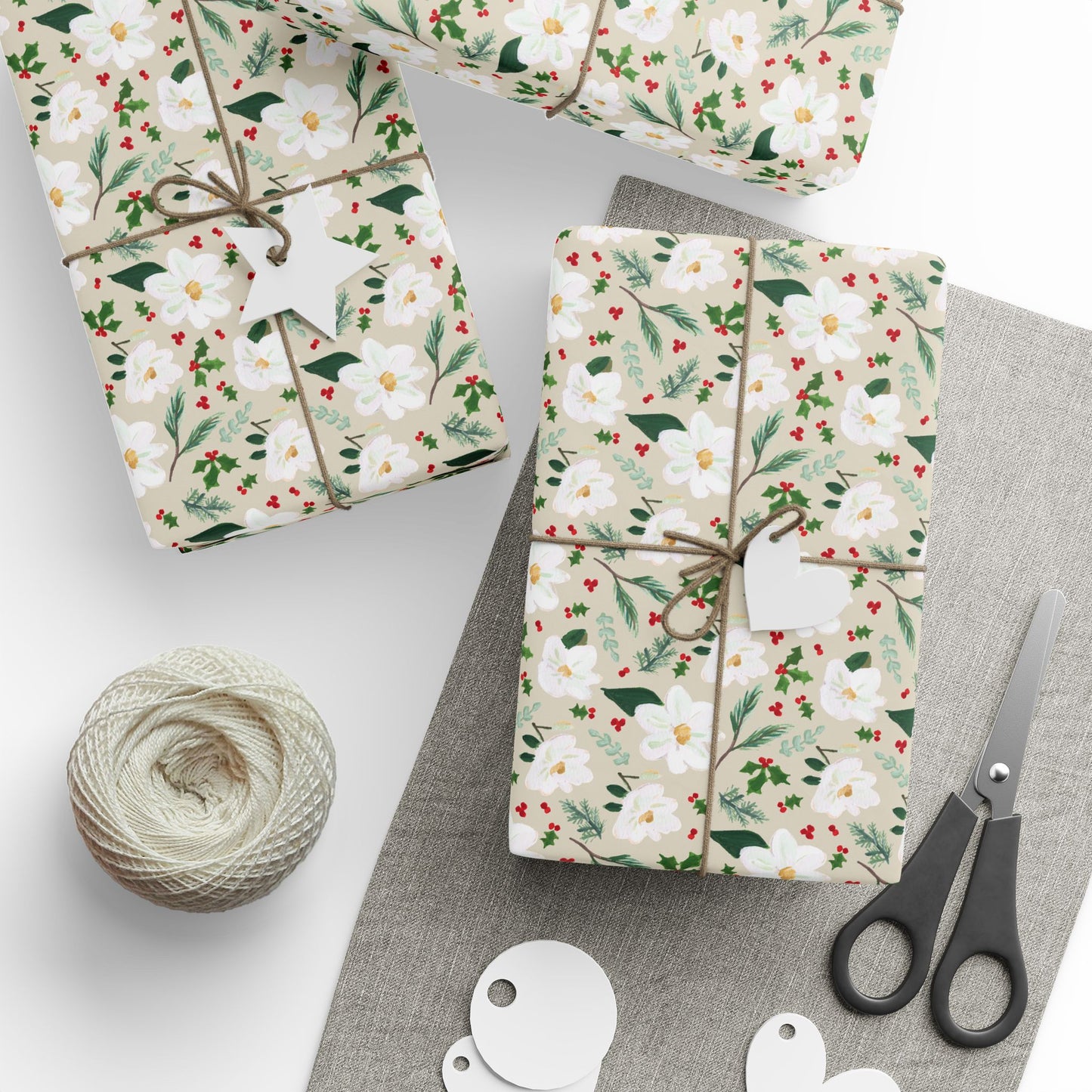 Magnolia & Holly Wrapping Paper - Beige