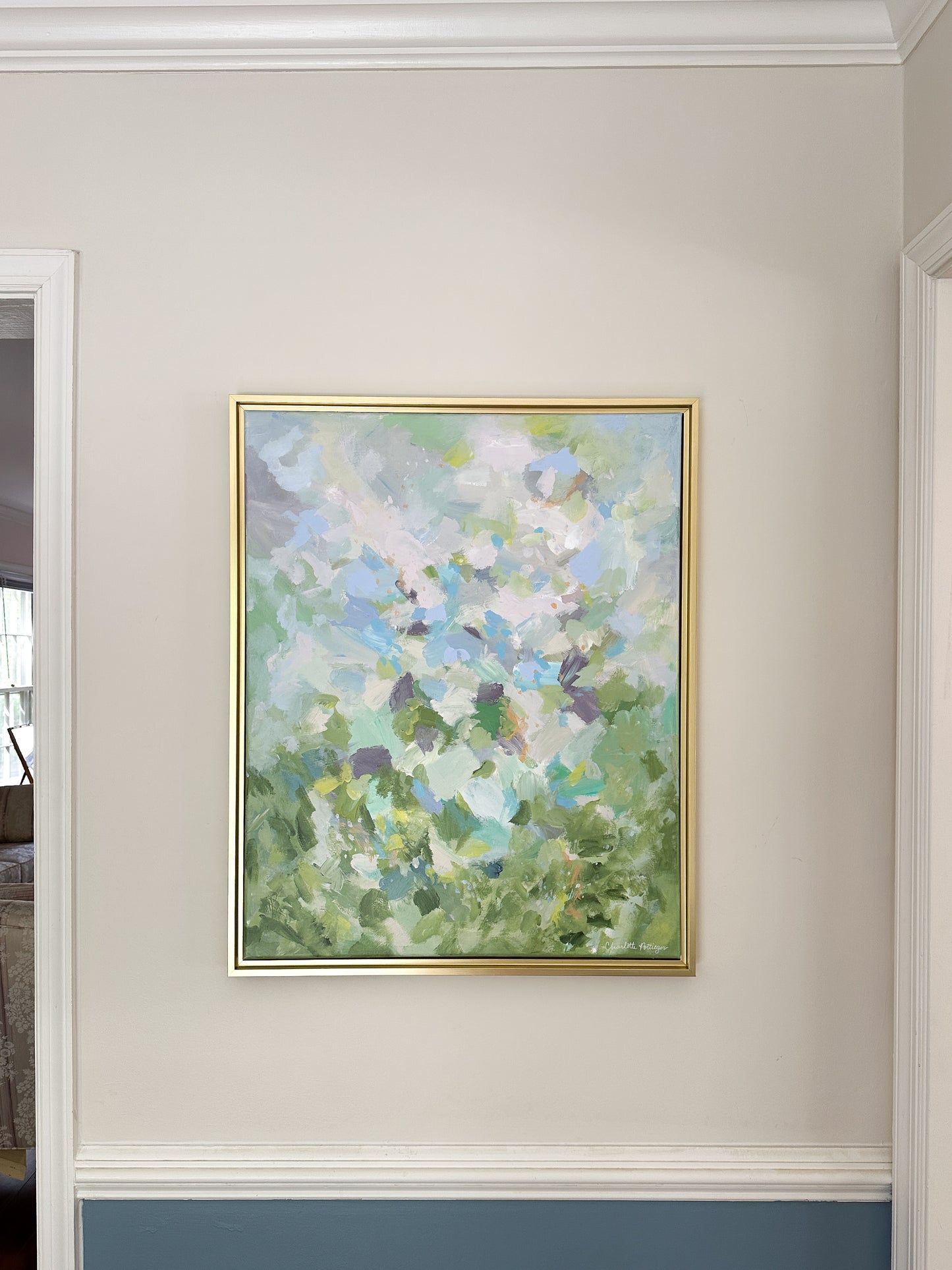 "Golden Hour in Beaujolais," a 28 x 24 abstract landscape painting by Charlotte Pottieger
