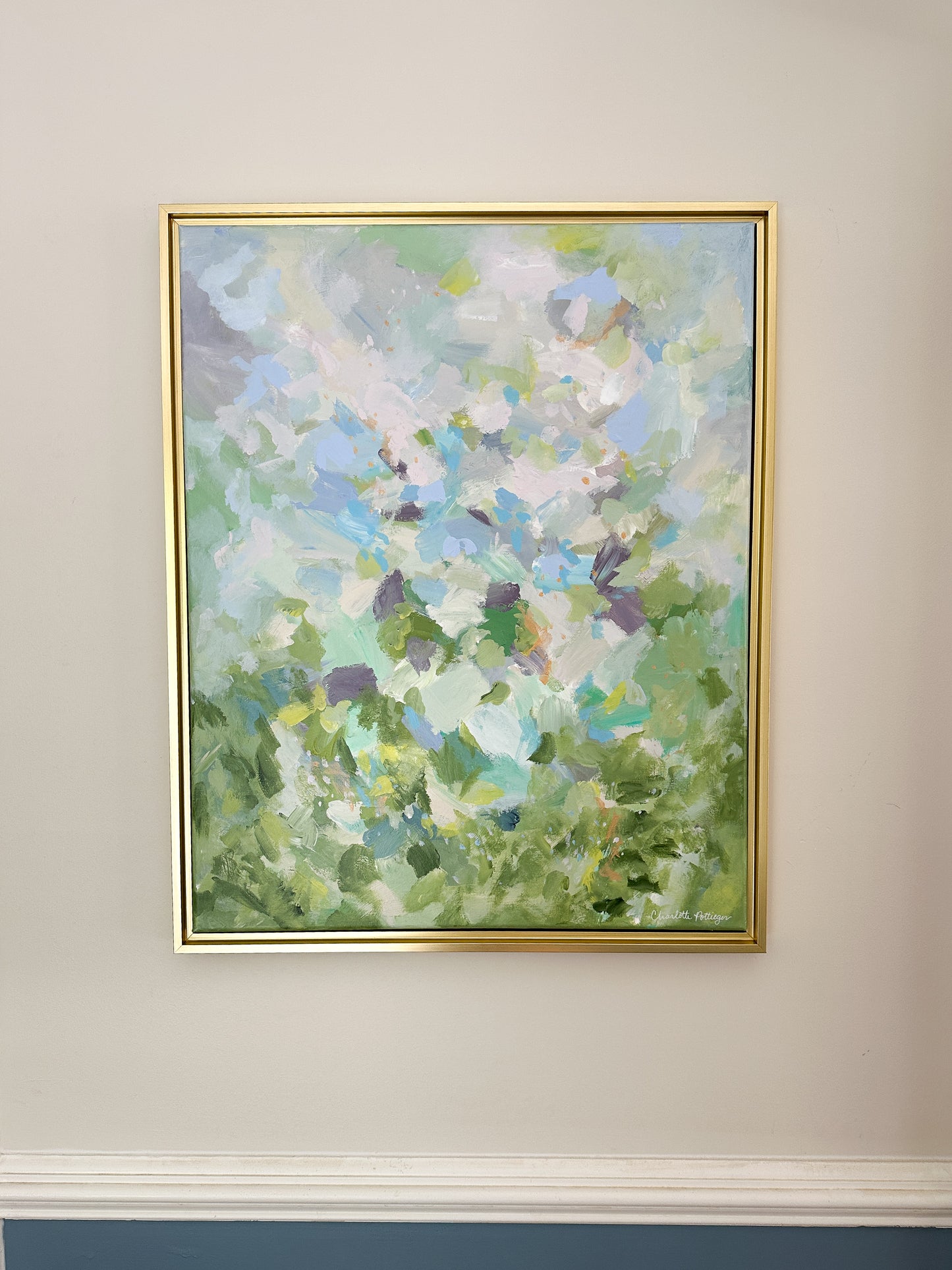 "Golden Hour in Beaujolais," a 28 x 24 abstract landscape painting by Charlotte Pottieger