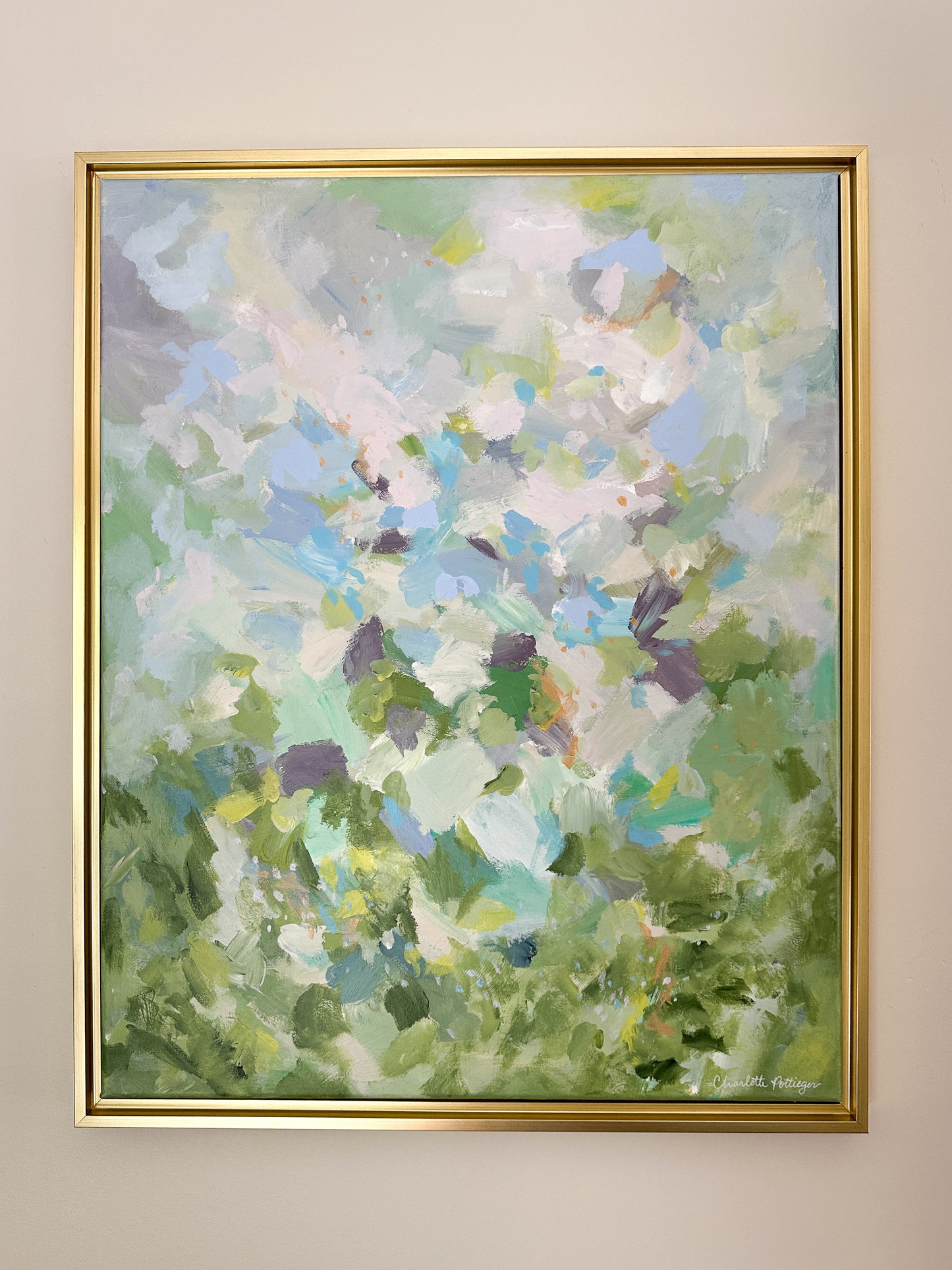 "Golden Hour in Beaujolais," a 28 x 24 abstract landscape painting by Charlotte Pottieger