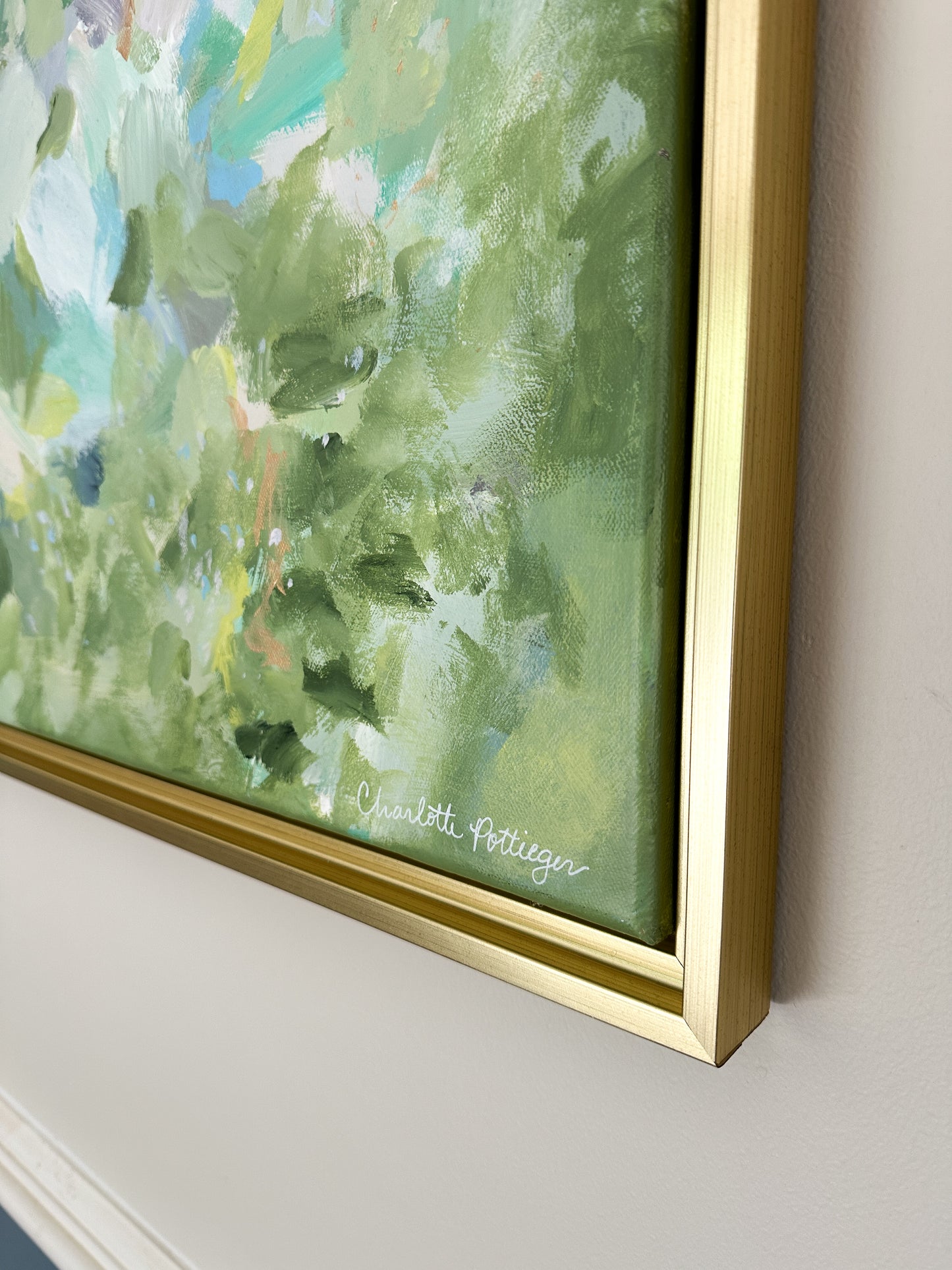 "Golden Hour in Beaujolais," a 28 x 24 abstract landscape painting by Charlotte Pottieger