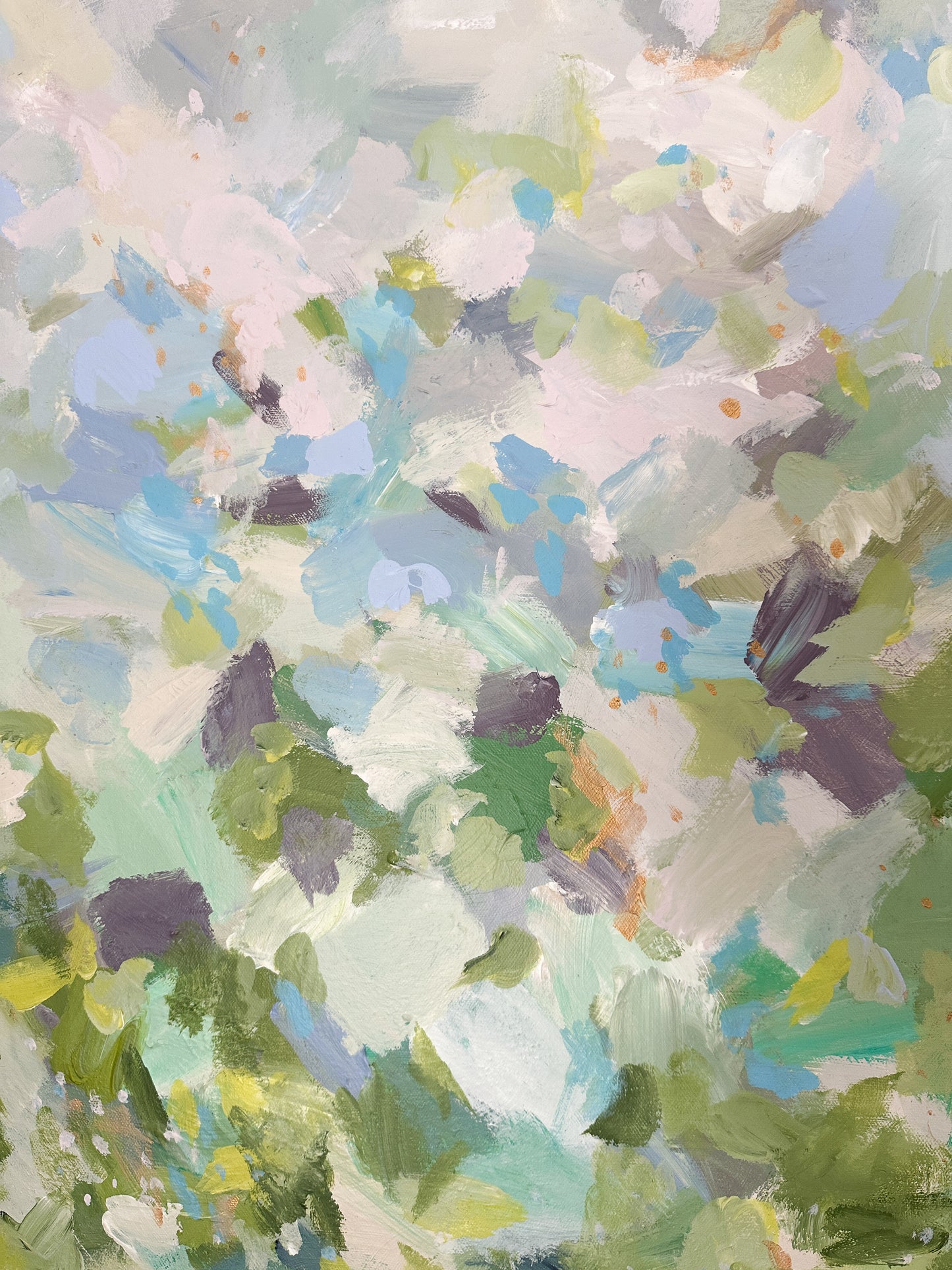 "Golden Hour in Beaujolais," a 28 x 24 abstract landscape painting by Charlotte Pottieger