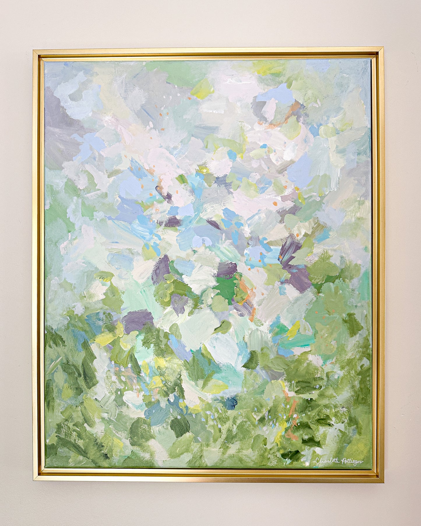"Golden Hour in Beaujolais," a 28 x 24 abstract landscape painting by Charlotte Pottieger