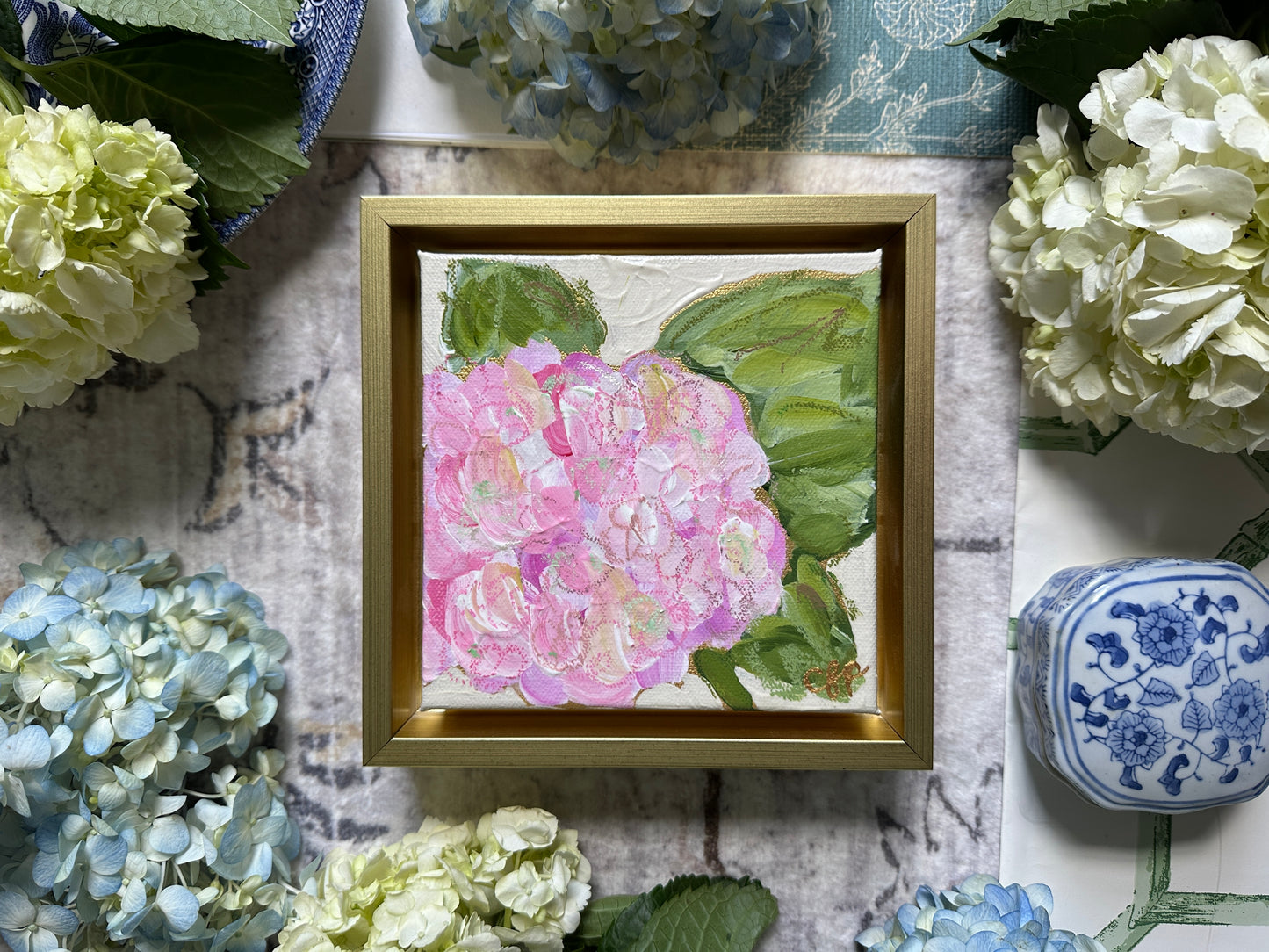 "Pink Hydrangea II" a 6x6 framed original painting by Charlotte Pottieger
