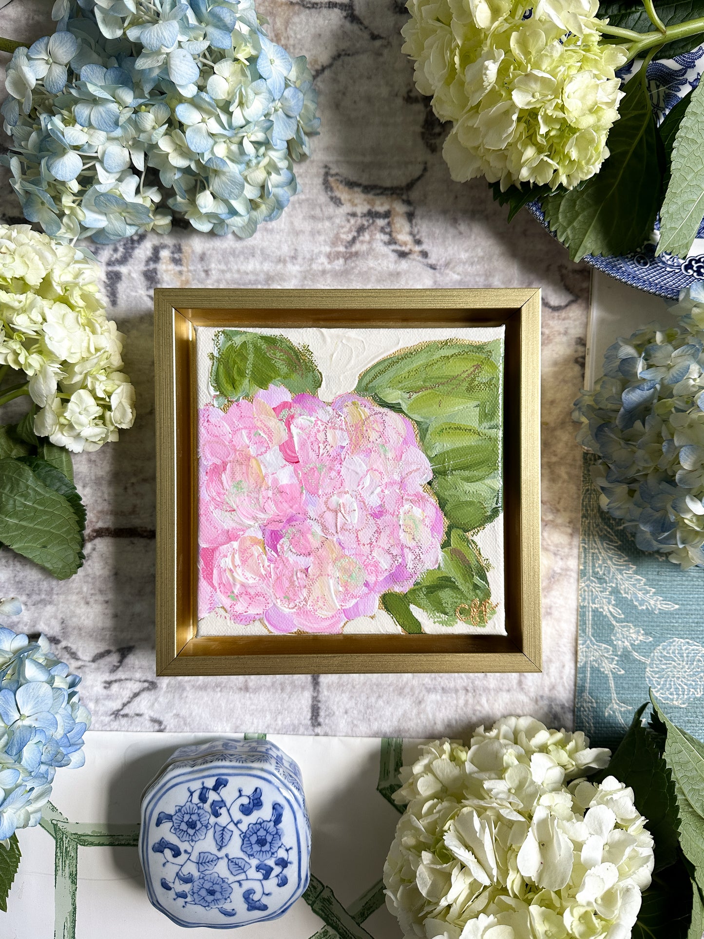 "Pink Hydrangea II" a 6x6 framed original painting by Charlotte Pottieger