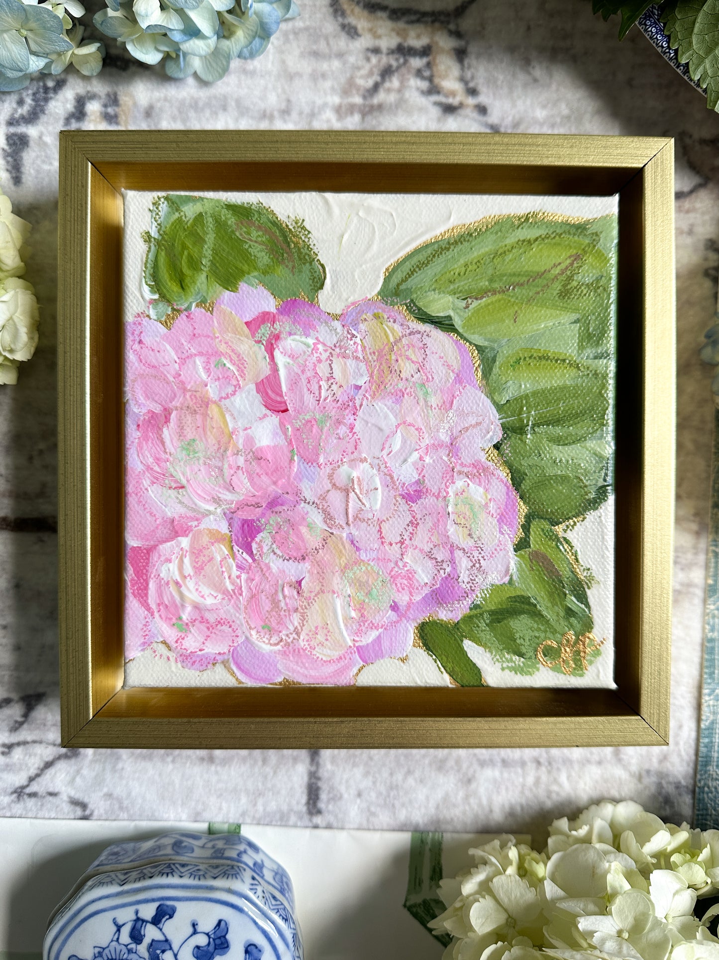 "Pink Hydrangea II" a 6x6 framed original painting by Charlotte Pottieger