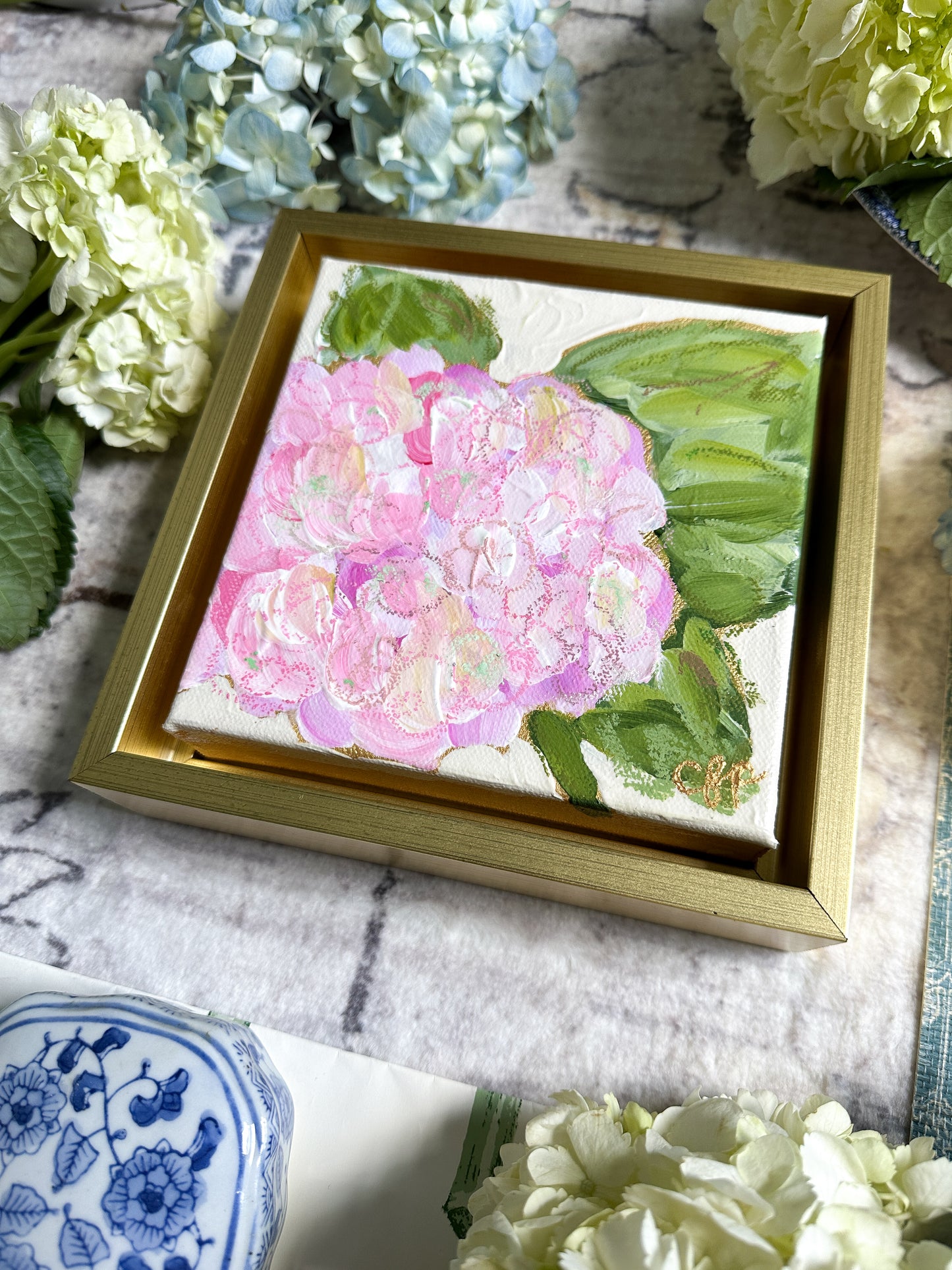 "Pink Hydrangea II" a 6x6 framed original painting by Charlotte Pottieger