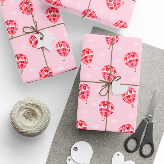 Hearts Afloat Hot Air Balloon Wrapping Paper – Pink