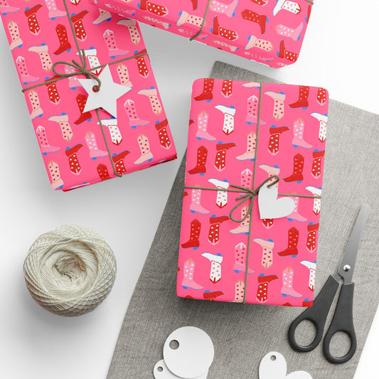 Love Struck Cowboy Boots Wrapping Paper – Bright Pink