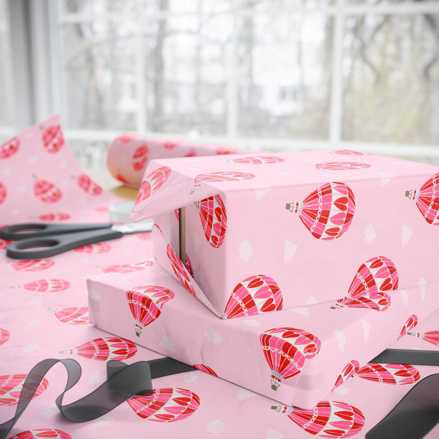Hearts Afloat Hot Air Balloon Wrapping Paper – Pink