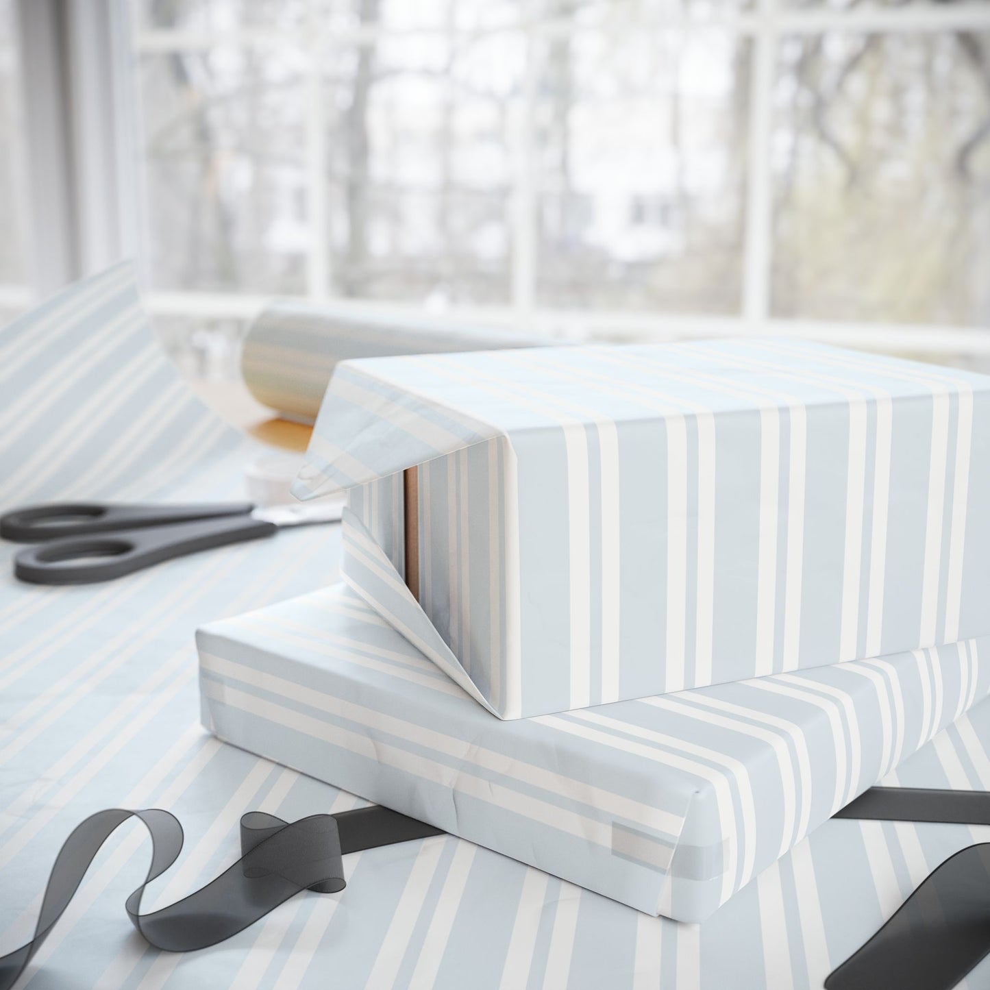 Powder Blue Ticking Stripe Wrapping Paper — Soft Blue & White Gift Wrap