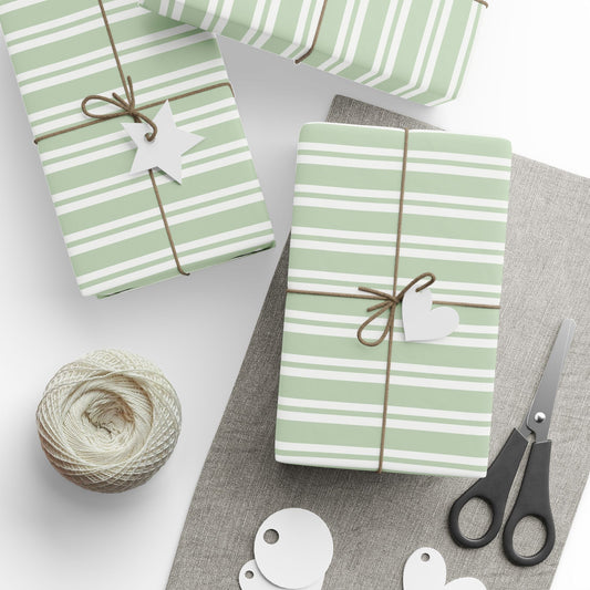 Sage Green Ticking Stripe Wrapping Paper — Soft Green & White Gift Wrap