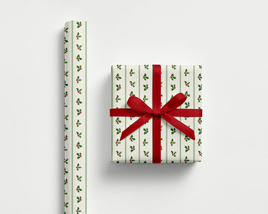 Holly Stripe Wrapping Paper - Sage Green