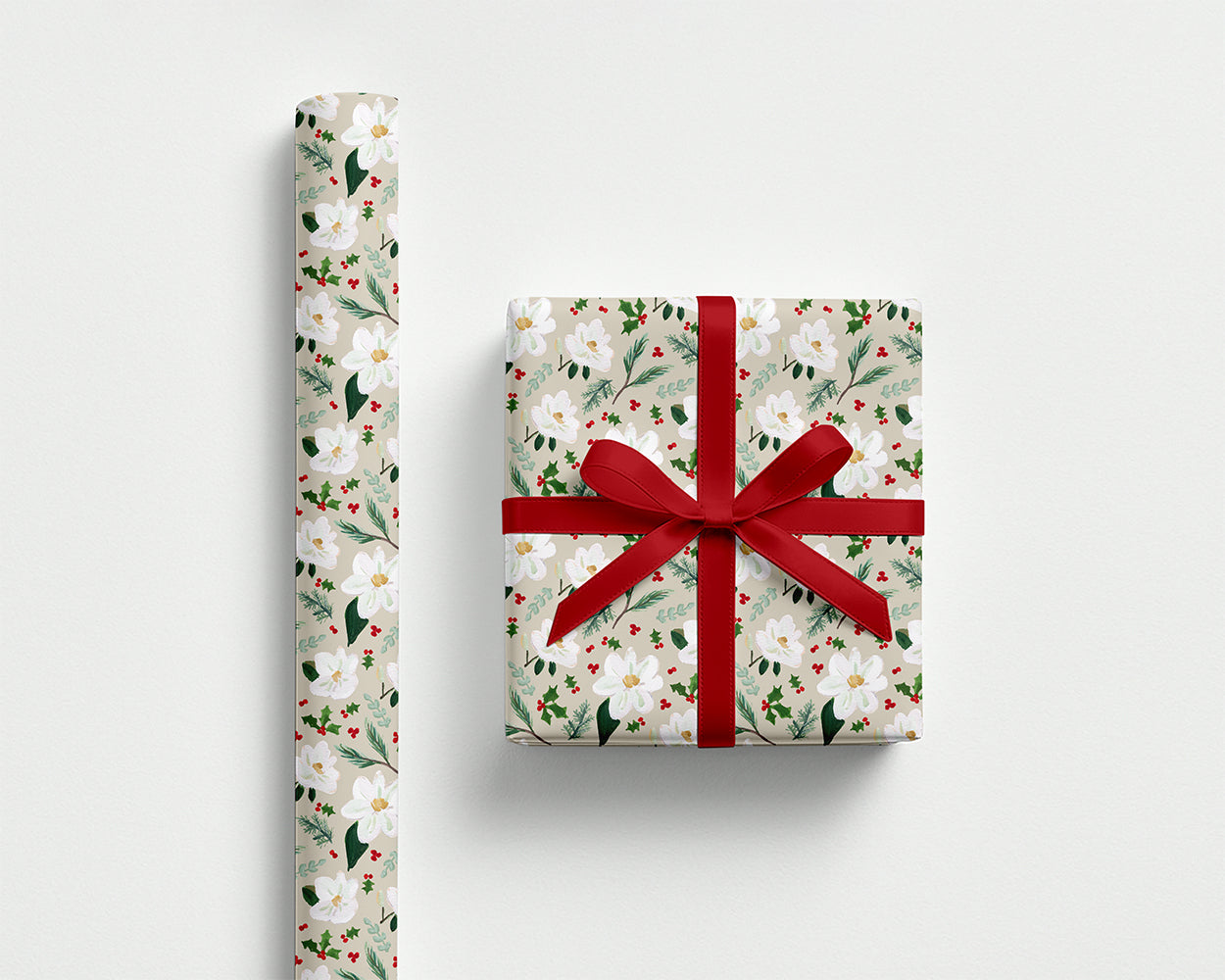 Magnolia & Holly Wrapping Paper - Beige