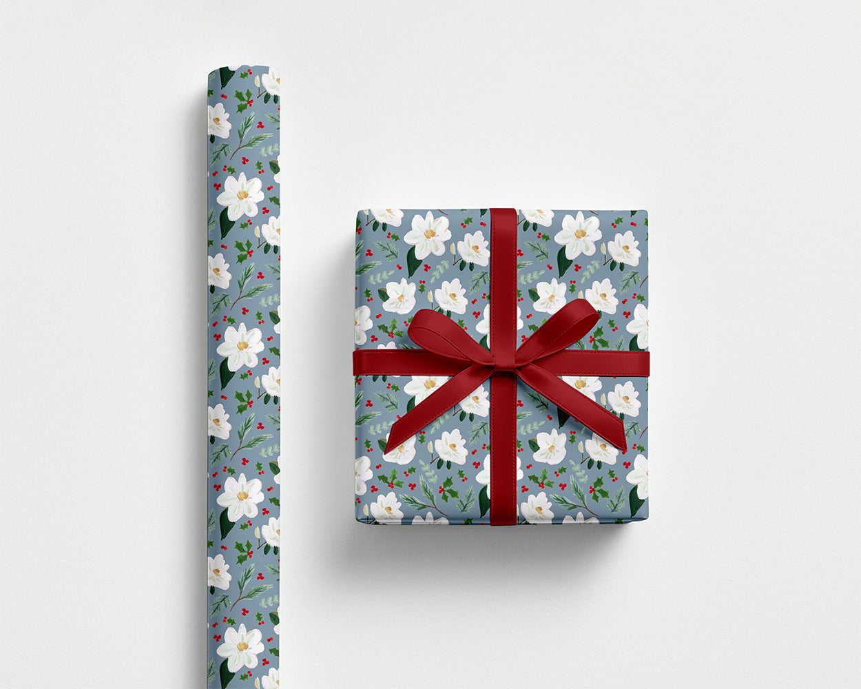 Magnolia & Holly Wrapping Paper – Dusty Blue