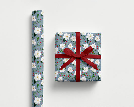Magnolia & Holly Wrapping Paper – Dusty Blue