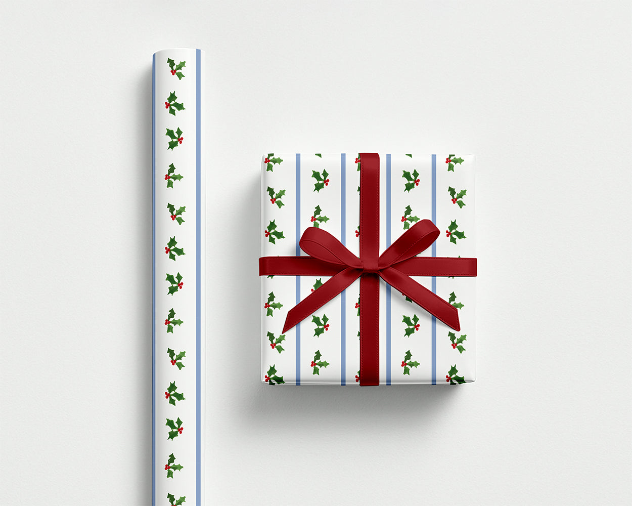 Holly Stripe Wrapping Paper - French Blue and White