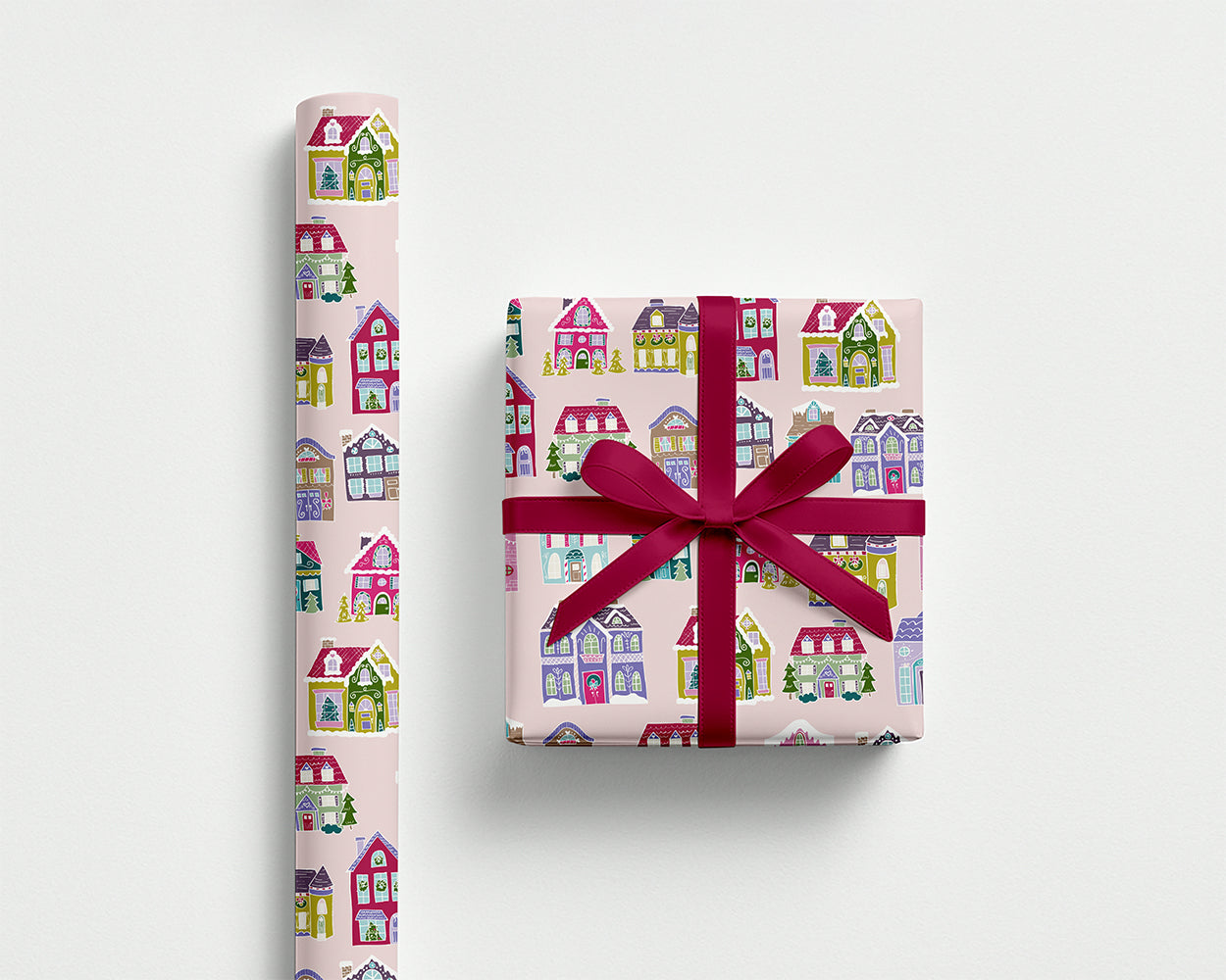 Holiday Houses Wrapping Paper – Pink