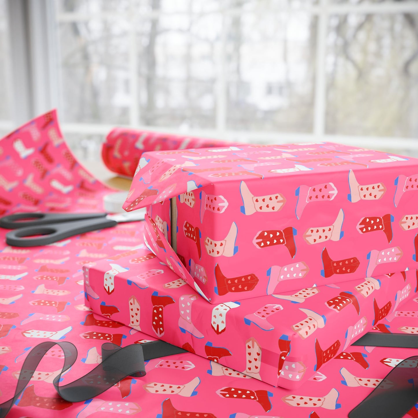 Love Struck Cowboy Boots Wrapping Paper – Bright Pink