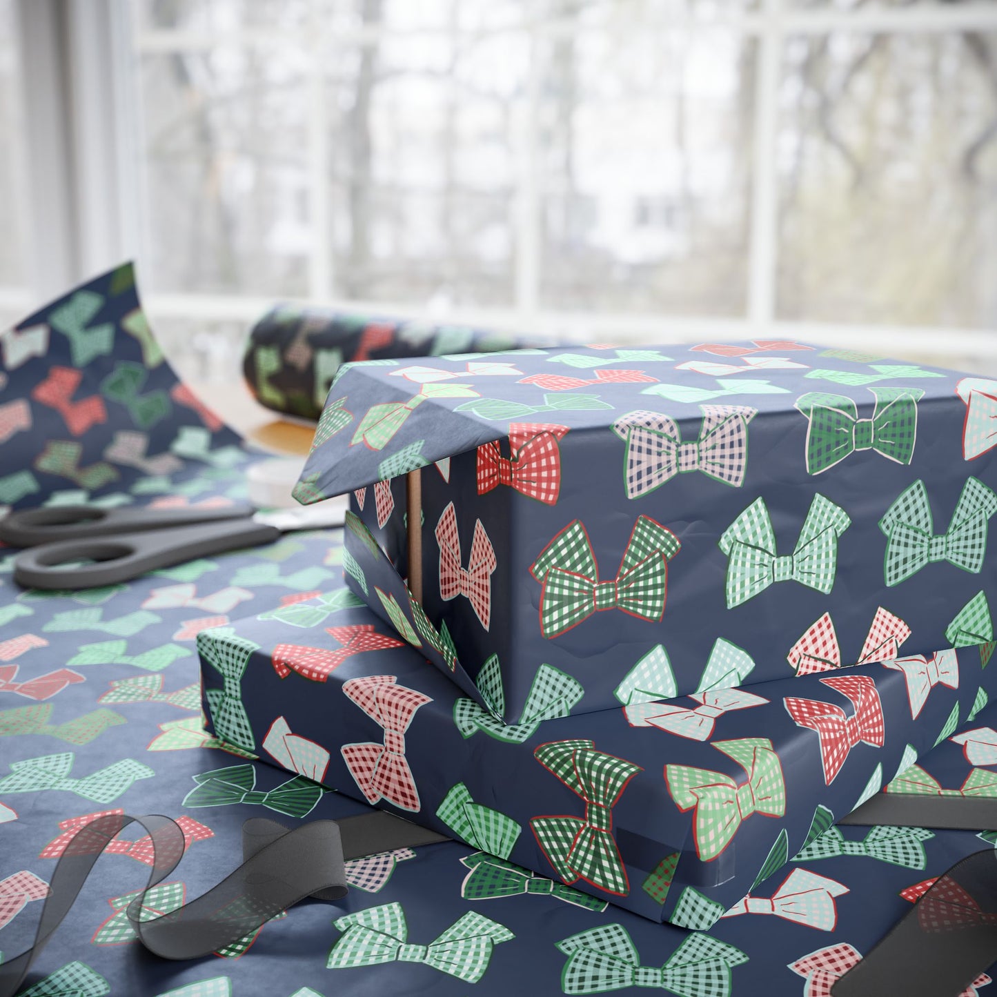 Preppy Plaid Bows – Navy Wrapping Paper