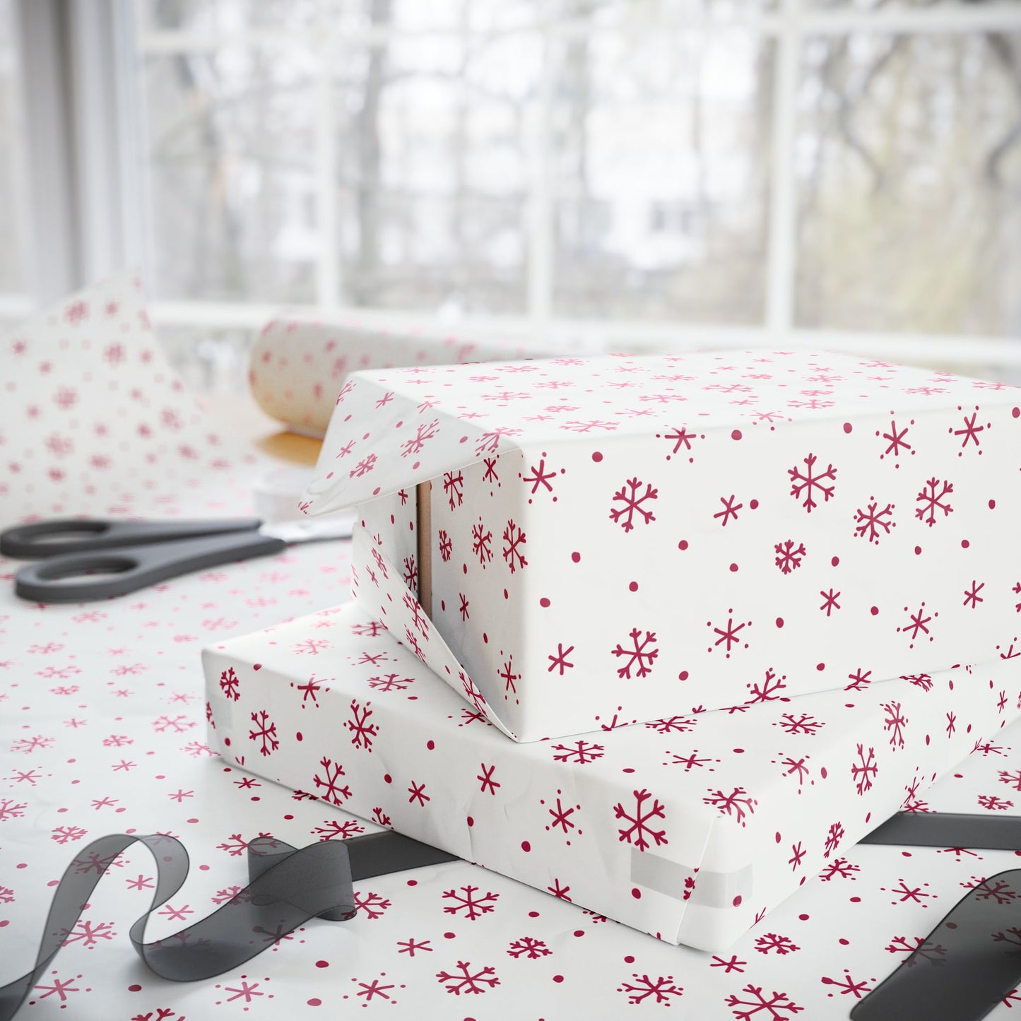 Snowflakes Wrapping Paper – Raspberry & White