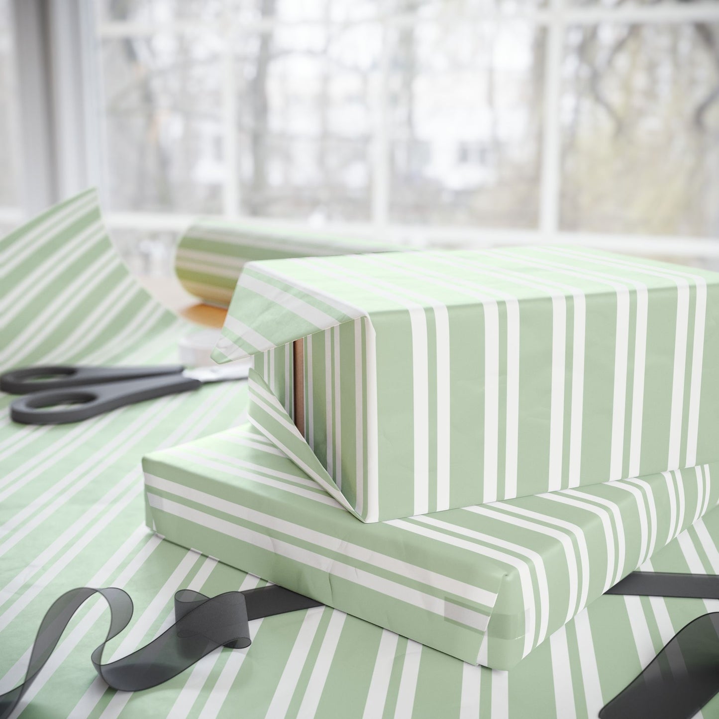 Sage Green Ticking Stripe Wrapping Paper — Soft Green & White Gift Wrap