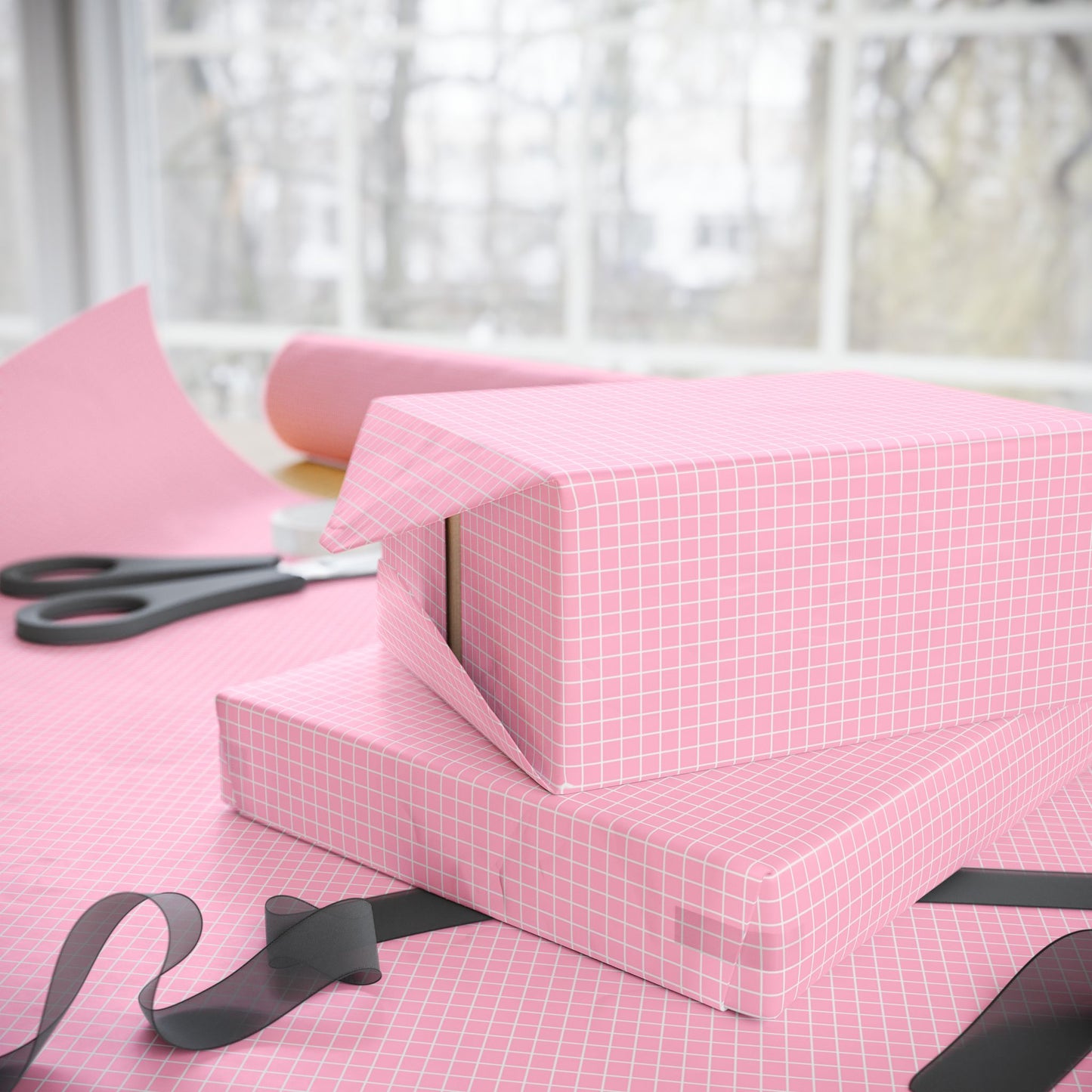 Windowpane Check Wrapping Paper – Light Pink