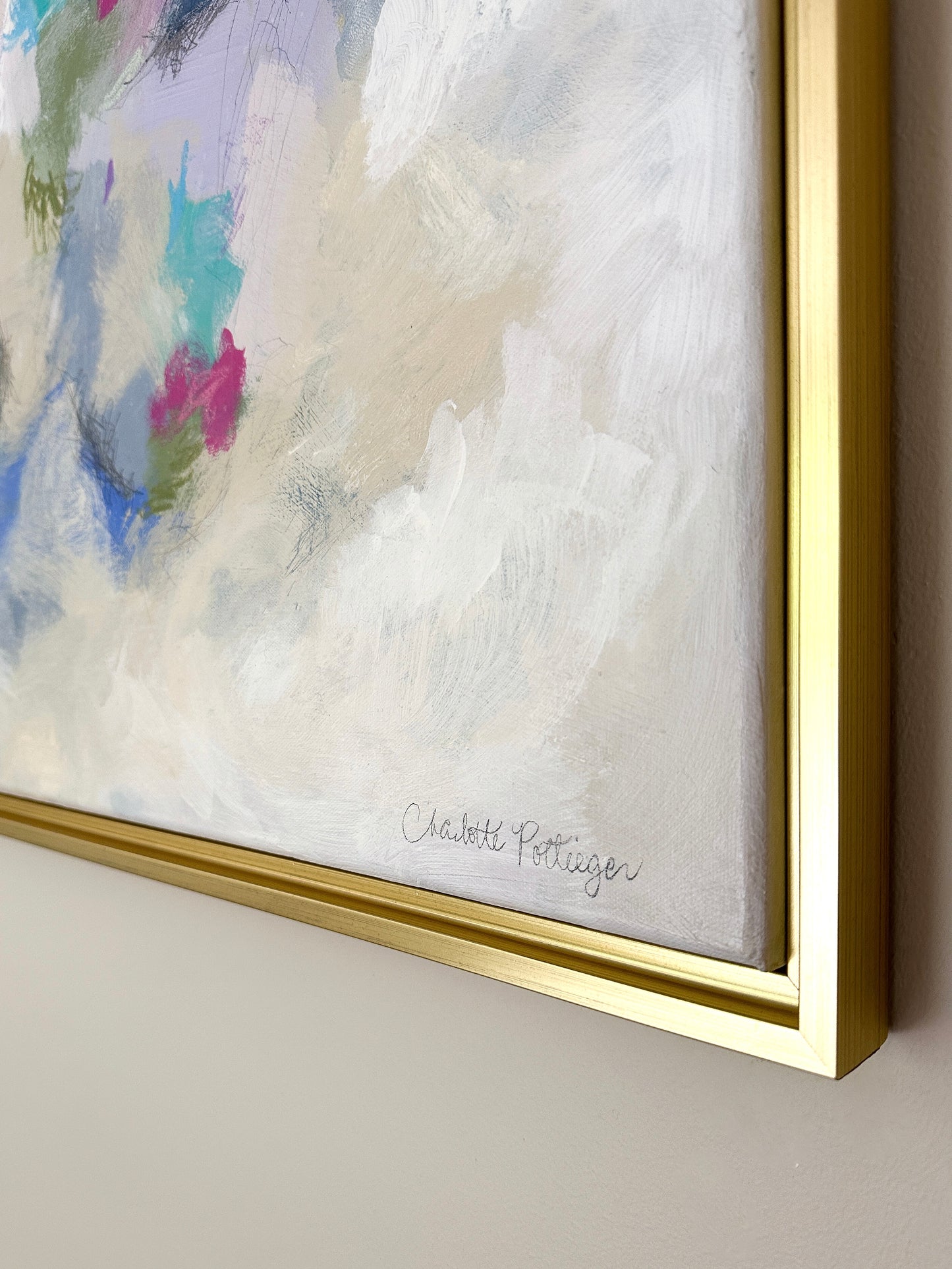 "Mix & Mingle," 24 x 30 framed original abstract painting by Charlotte Pottieger