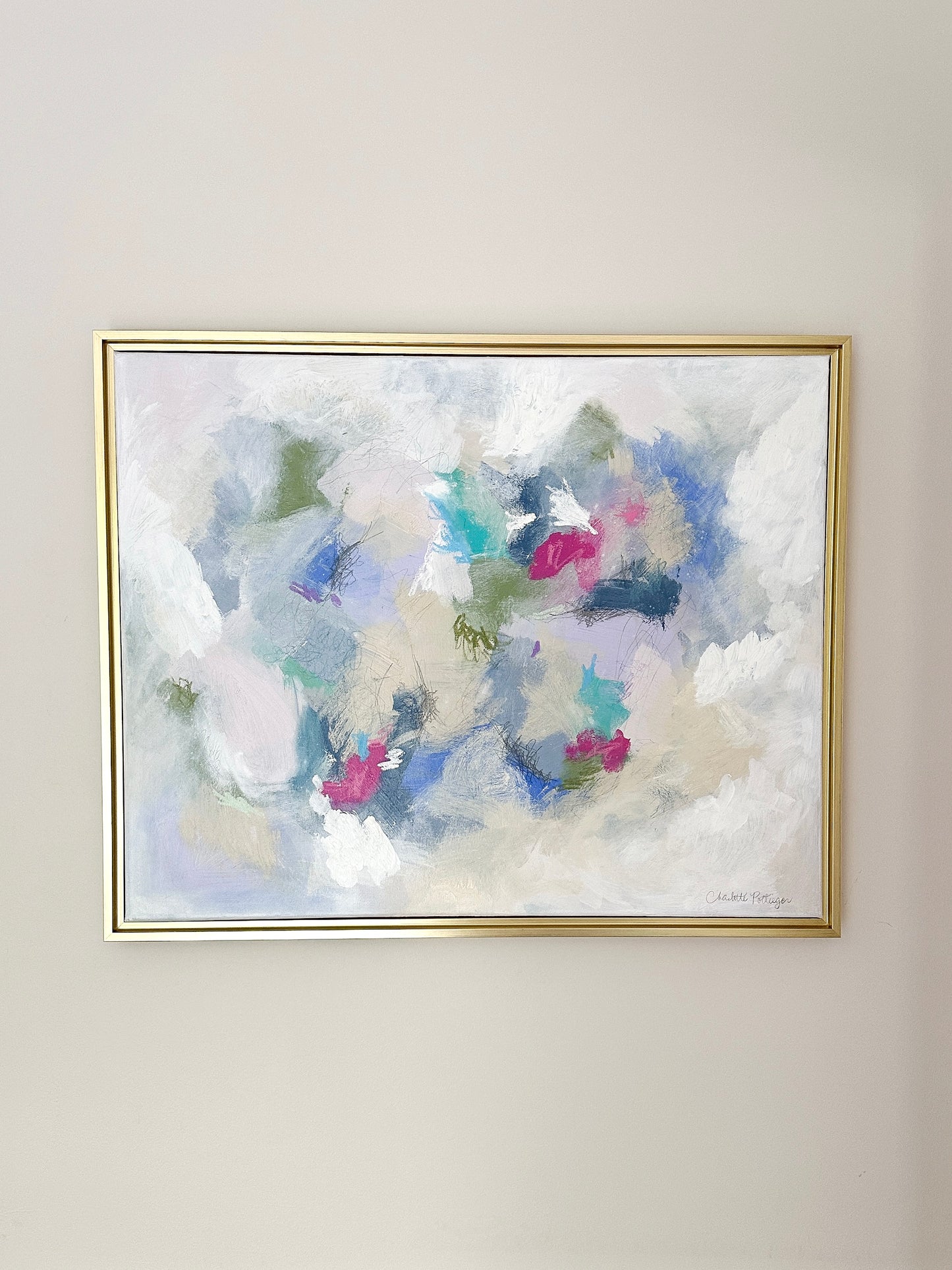 "Mix & Mingle," 24 x 30 framed original abstract painting by Charlotte Pottieger