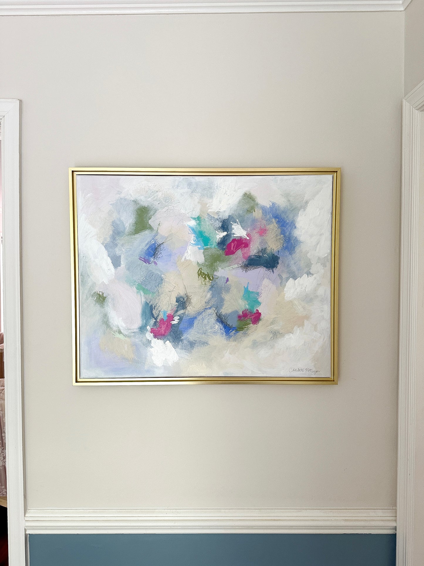 "Mix & Mingle," 24 x 30 framed original abstract painting by Charlotte Pottieger