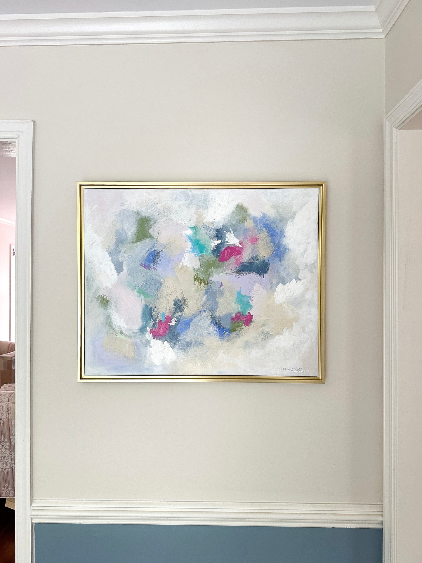 "Mix & Mingle," 24 x 30 framed original abstract painting by Charlotte Pottieger