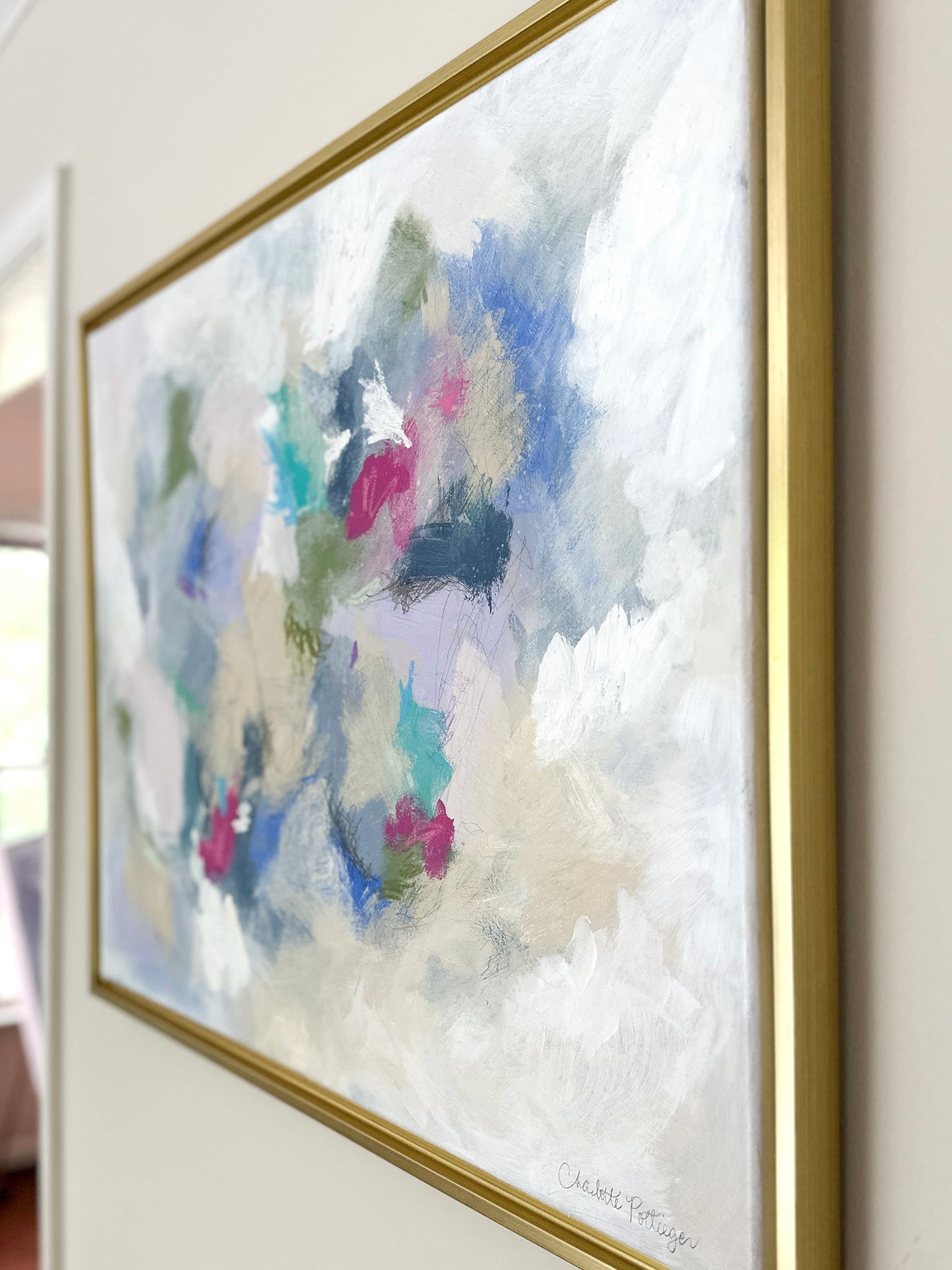 "Mix & Mingle," 24 x 30 framed original abstract painting by Charlotte Pottieger