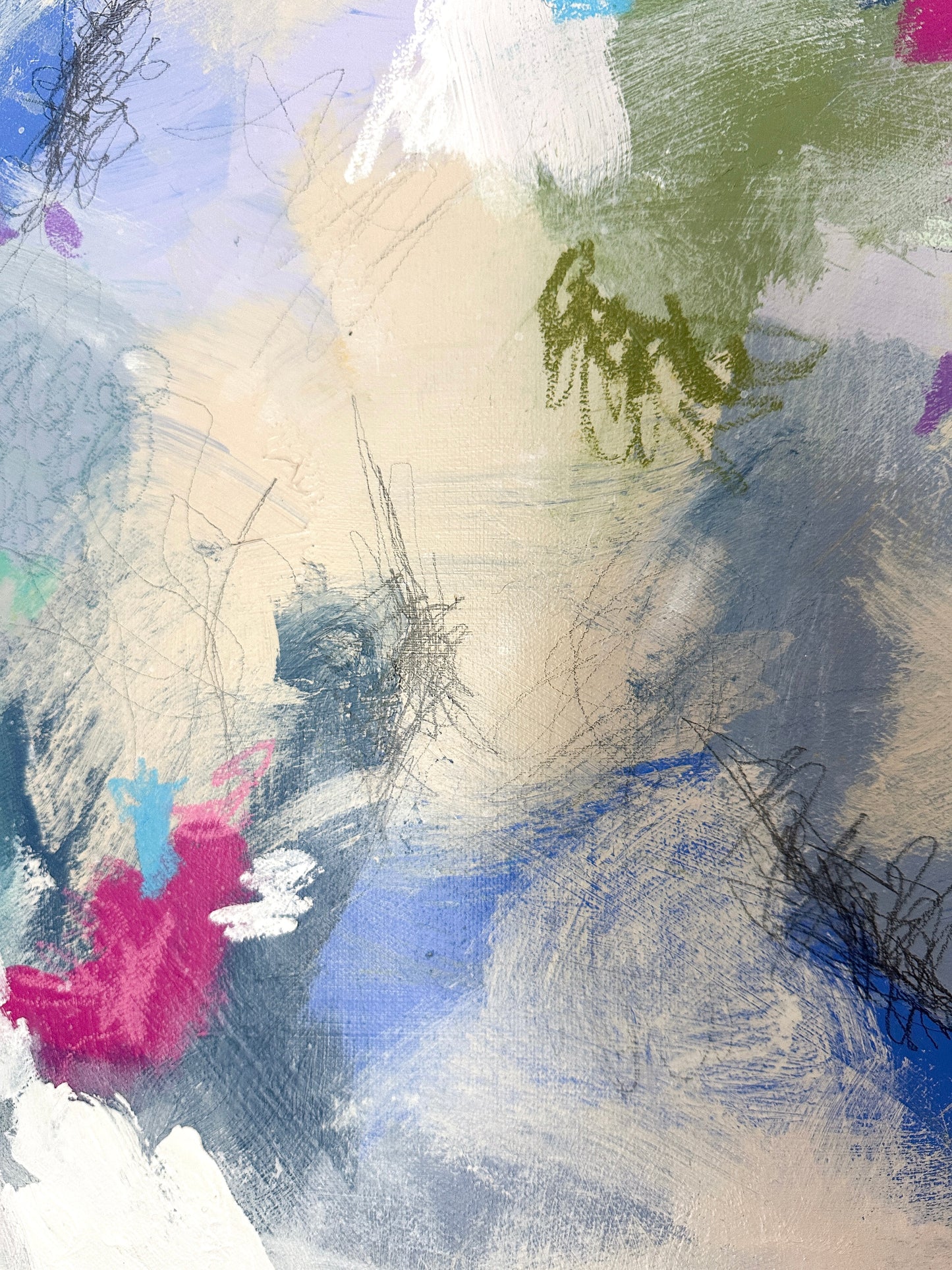 "Mix & Mingle," 24 x 30 framed original abstract painting by Charlotte Pottieger