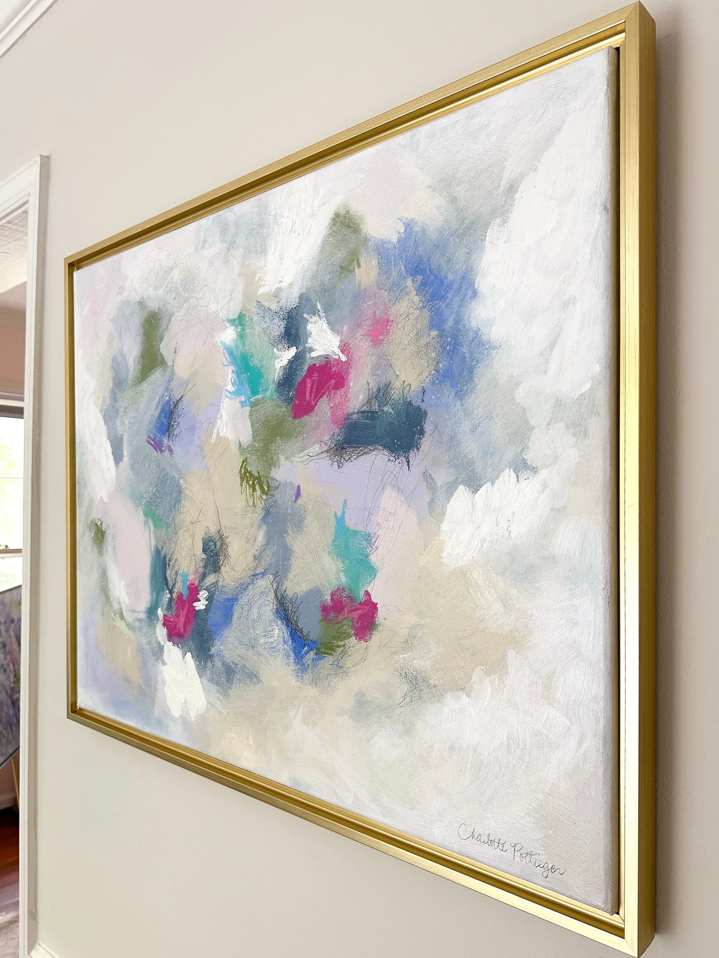 "Mix & Mingle," 24 x 30 framed original abstract painting by Charlotte Pottieger