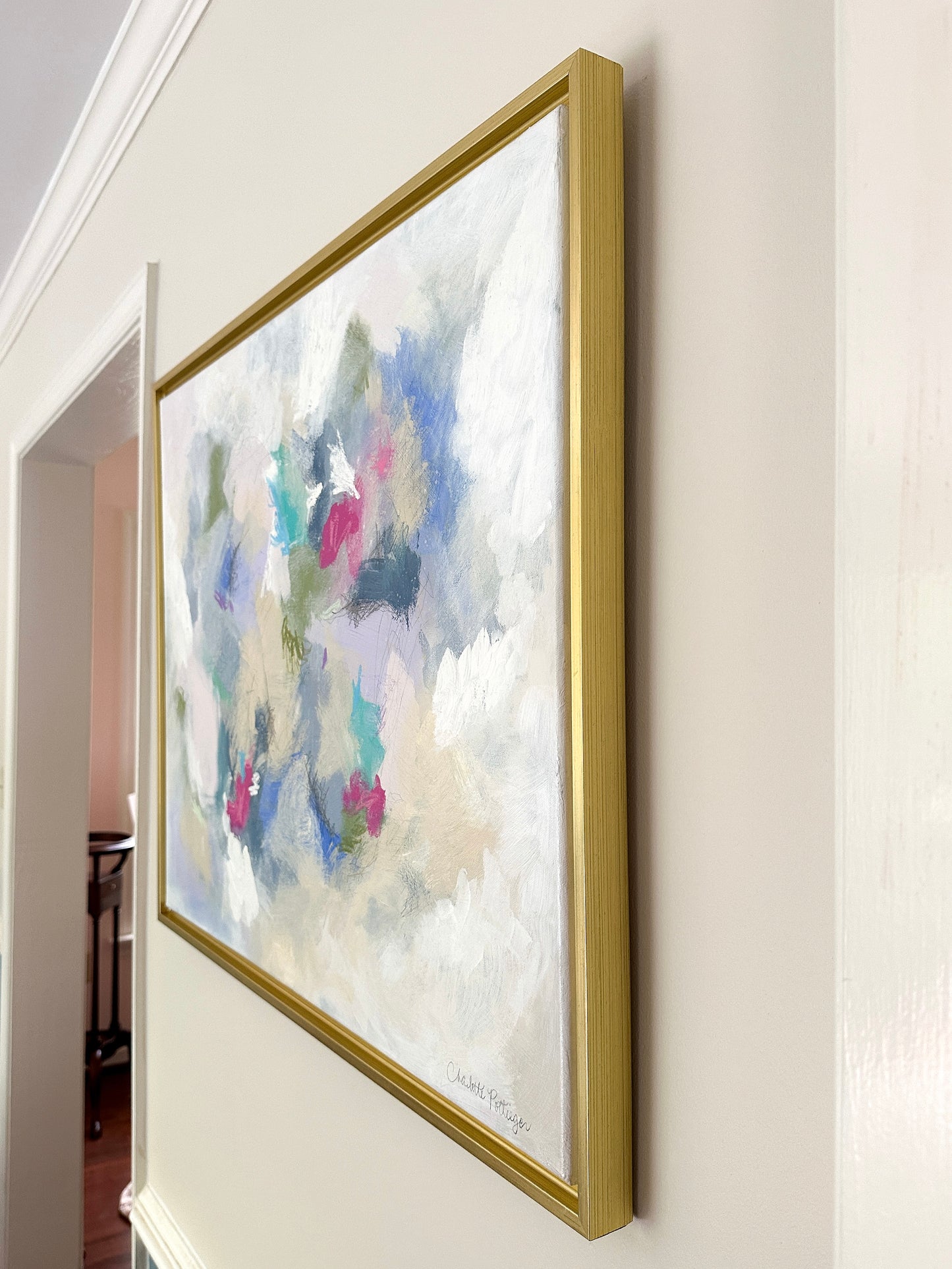 "Mix & Mingle," 24 x 30 framed original abstract painting by Charlotte Pottieger
