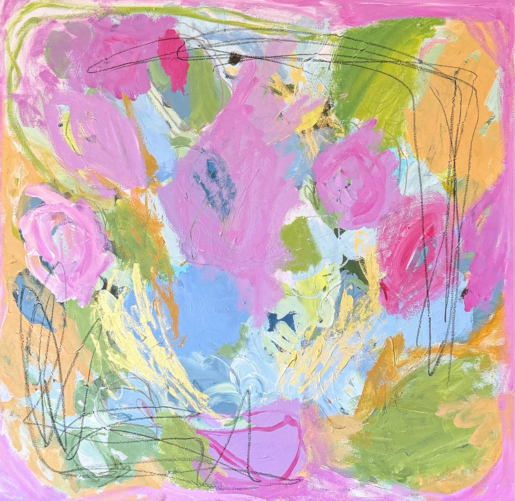 Abstract artwork with pink, green, and blue colors